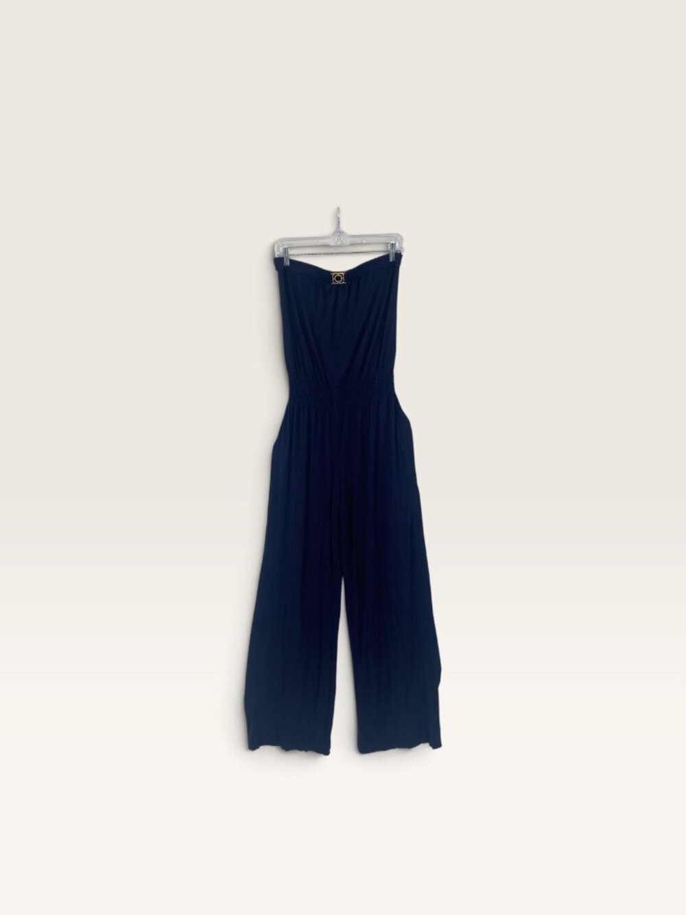 Trina Turk Size 12 Strapless Smocked Navy Jumpsuit Jersey Knit Viscose USA